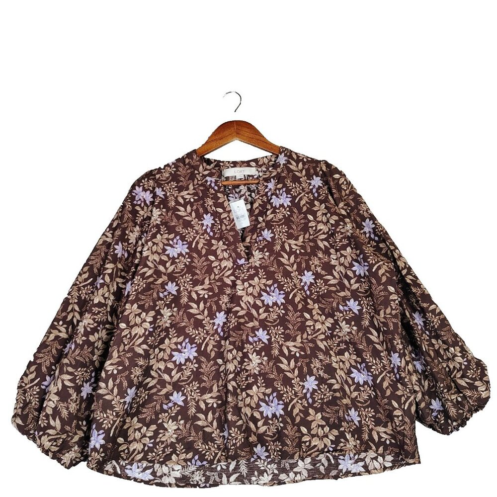 Loft Top Women's Small Iced Espresso Garden Blouson Sleeve Split Neck Blouse NWT